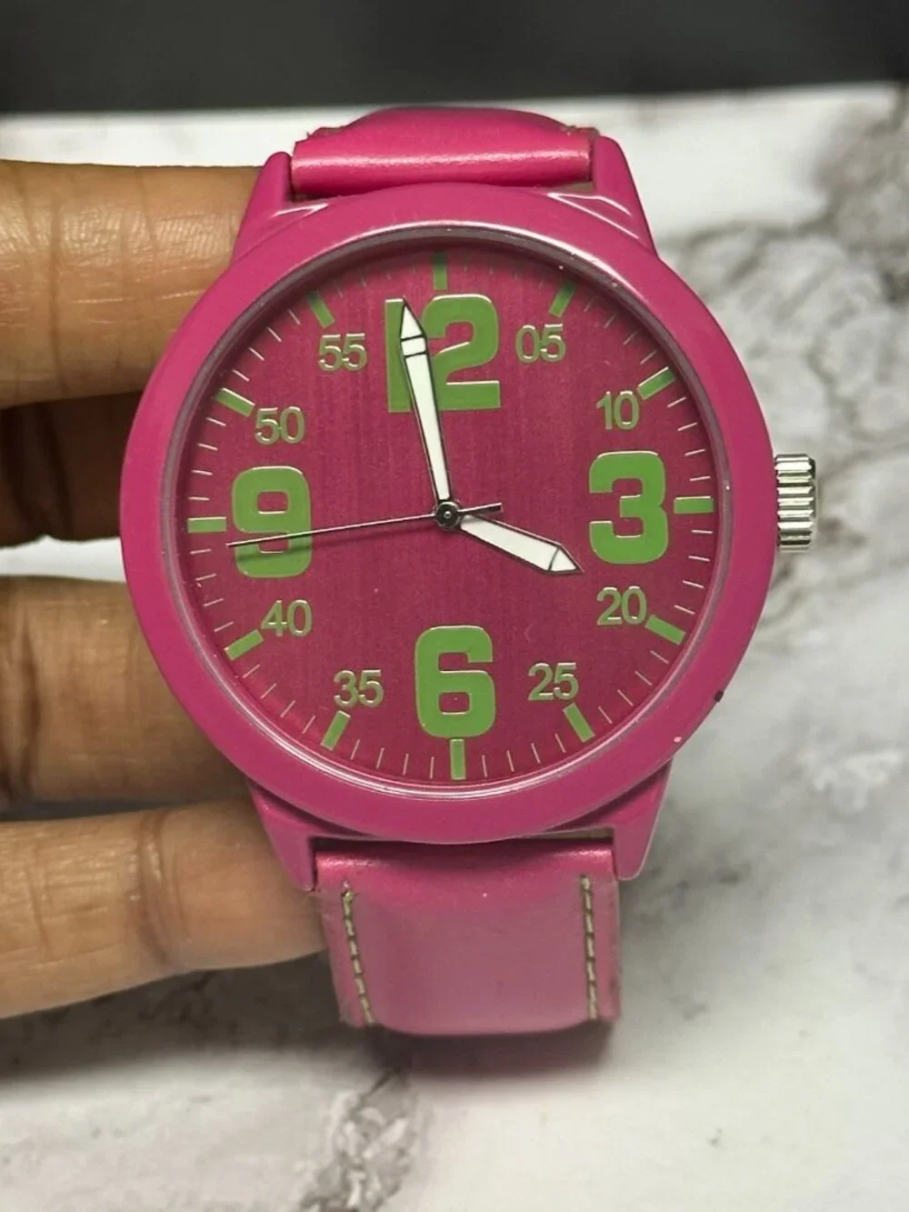 3/$30 Pink Watch Women Green Numbers Faux Leather Band Large Dial 9.5
